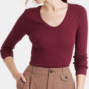 NWT A New Day Long Sleeve V Neck Tee Shirt Size Small Burgundy Color